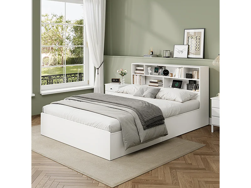 Lit avec rangement 140x200 cm lit double avec port USB avec coffre de rangement sous le lit avec espace de rangement blanc