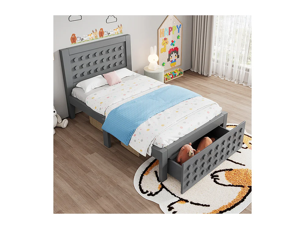 lit avec rangement 90x200 cm lit enfant/ado avec design créatif en blocs cadre en bois massif avec sommier à lattes tiroirs gris