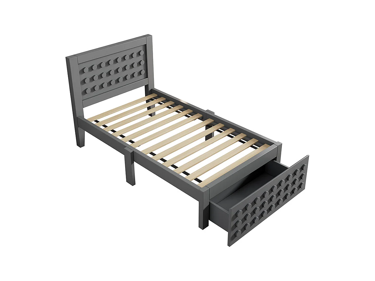 lit avec rangement 90x200 cm lit enfant/ado avec design créatif en blocs cadre en bois massif avec sommier à lattes tiroirs gris