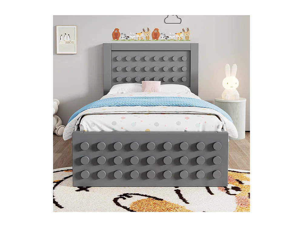 lit avec rangement 90x200 cm lit enfant/ado avec design créatif en blocs cadre en bois massif avec sommier à lattes tiroirs gris