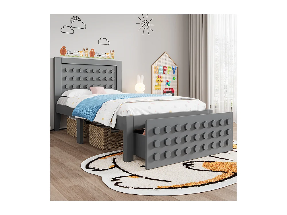 lit avec rangement 90x200 cm lit enfant/ado avec design créatif en blocs cadre en bois massif avec sommier à lattes tiroirs gris