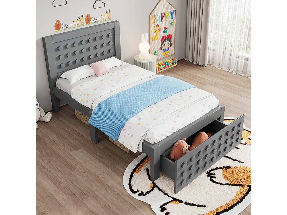 lit avec rangement 90x200 cm lit enfant/ado avec design créatif en blocs cadre en bois massif avec sommier à lattes tiroirs gris