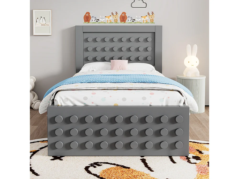 lit avec rangement 90x200 cm lit enfant/ado avec design créatif en blocs cadre en bois massif avec sommier à lattes tiroirs gris