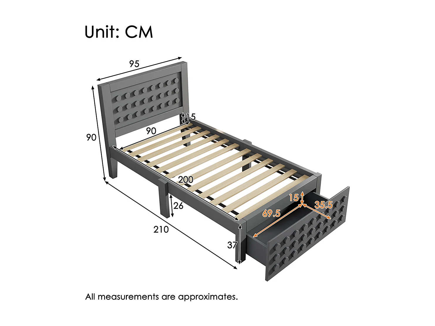 lit avec rangement 90x200 cm lit enfant/ado avec design créatif en blocs cadre en bois massif avec sommier à lattes tiroirs gris