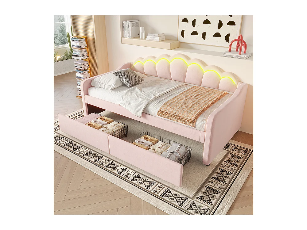 Lit avec rangement 90x200 cm lit de jour avec tiroirs canapé-lit lit simple velours bande LED à couleurs changeantes rose