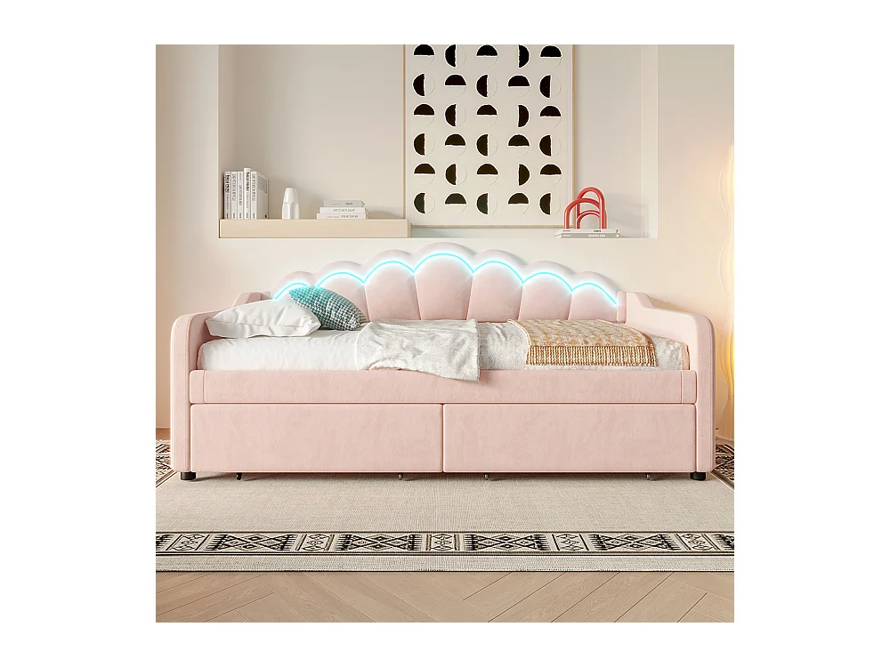 Lit avec rangement 90x200 cm lit de jour avec tiroirs canapé-lit lit simple velours bande LED à couleurs changeantes rose