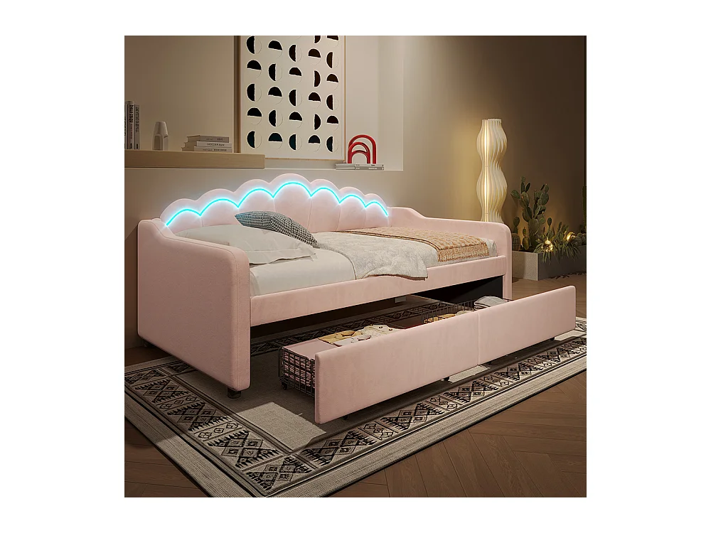Lit avec rangement 90x200 cm lit de jour avec tiroirs canapé-lit lit simple velours bande LED à couleurs changeantes rose