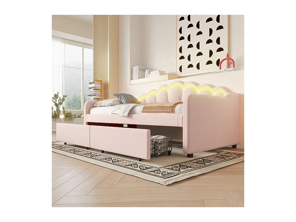 Lit avec rangement 90x200 cm lit de jour avec tiroirs canapé-lit lit simple velours bande LED à couleurs changeantes rose