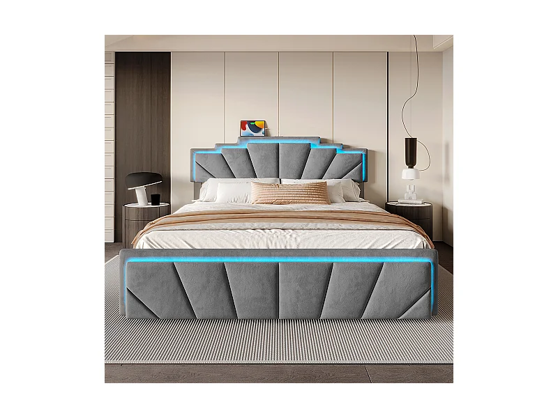 Lit avec rangement 160x200 cm tête de lit trapézoïdale LED intégrée réglable en hauteur avec ports USB-C et 2 tiroirs gris foncé