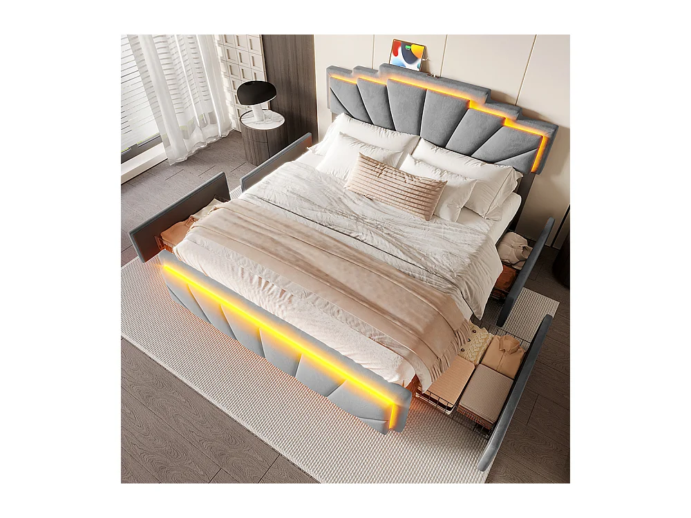 Lit avec rangement 160x200 cm tête de lit trapézoïdale LED intégrée réglable en hauteur avec ports USB-C et 2 tiroirs gris foncé