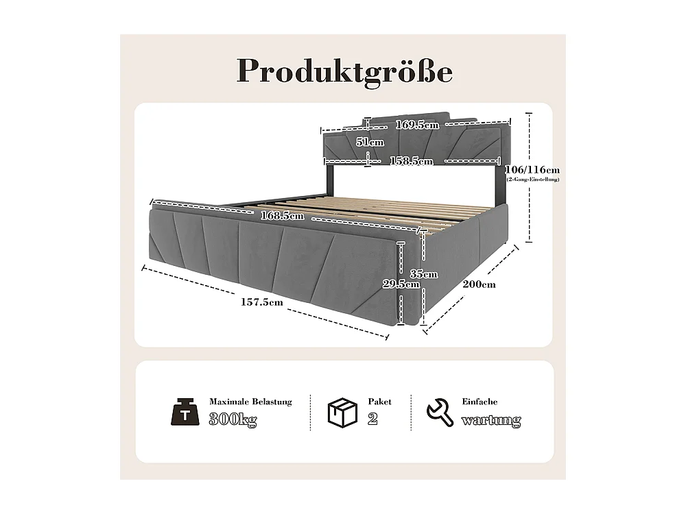 Lit avec rangement 160x200 cm tête de lit trapézoïdale LED intégrée réglable en hauteur avec ports USB-C et 2 tiroirs gris foncé