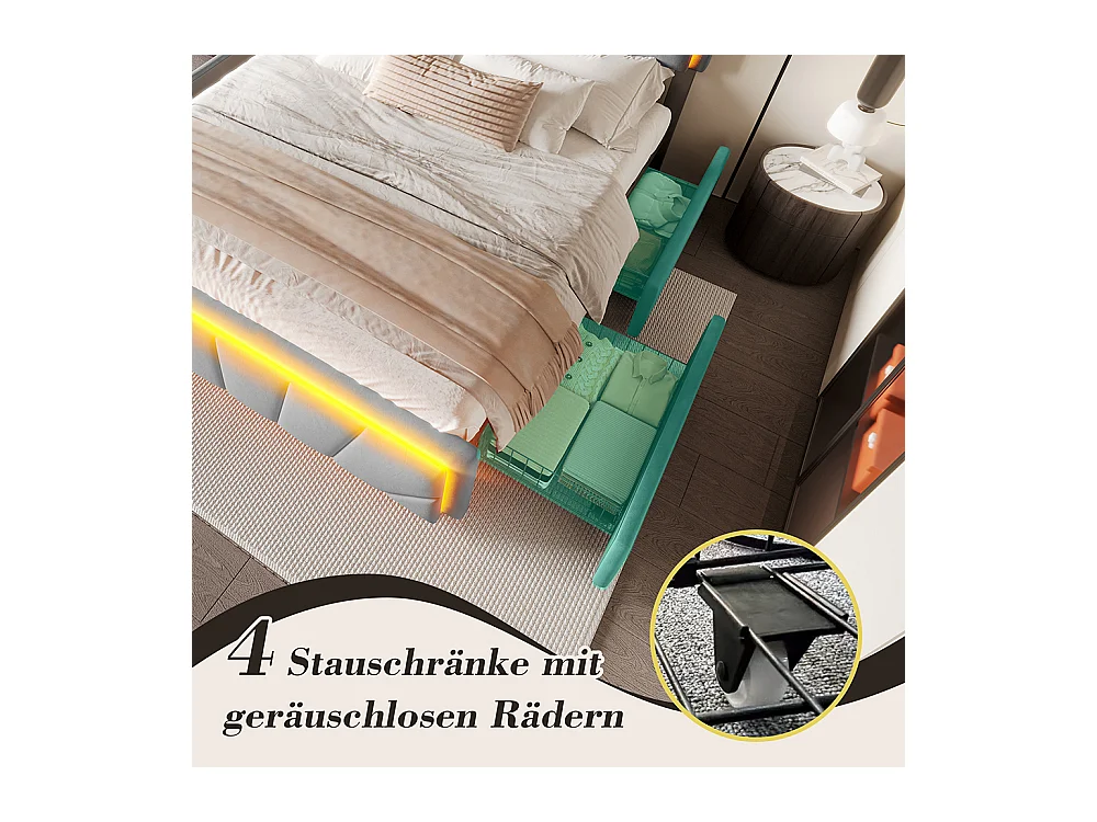 Lit avec rangement 160x200 cm tête de lit trapézoïdale LED intégrée réglable en hauteur avec ports USB-C et 2 tiroirs gris foncé