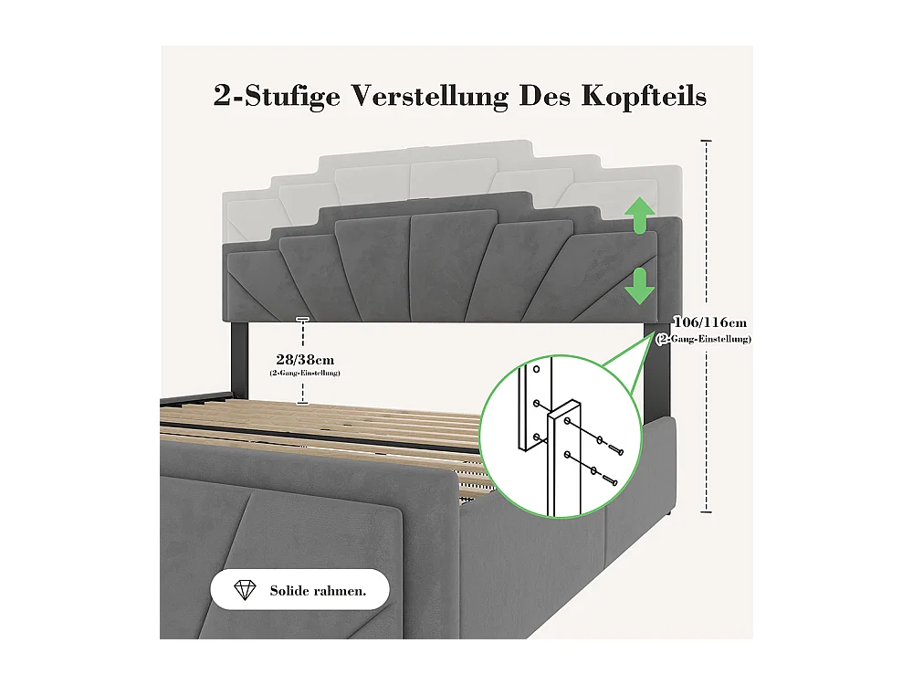 Lit avec rangement 160x200 cm tête de lit trapézoïdale LED intégrée réglable en hauteur avec ports USB-C et 2 tiroirs gris foncé