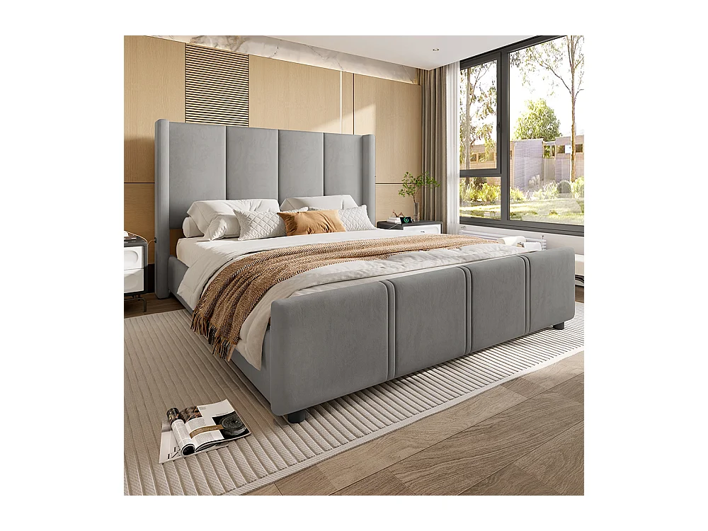Cadre de lit rembourré 140x200 cm tête et pied de lit hauts port USB fer et bois gris