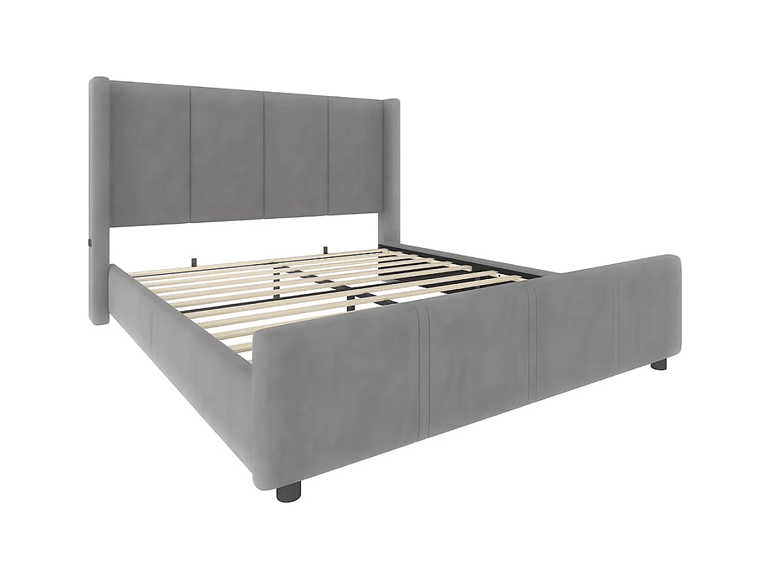 Cadre de lit rembourré 140x200 cm tête et pied de lit hauts port USB fer et bois gris