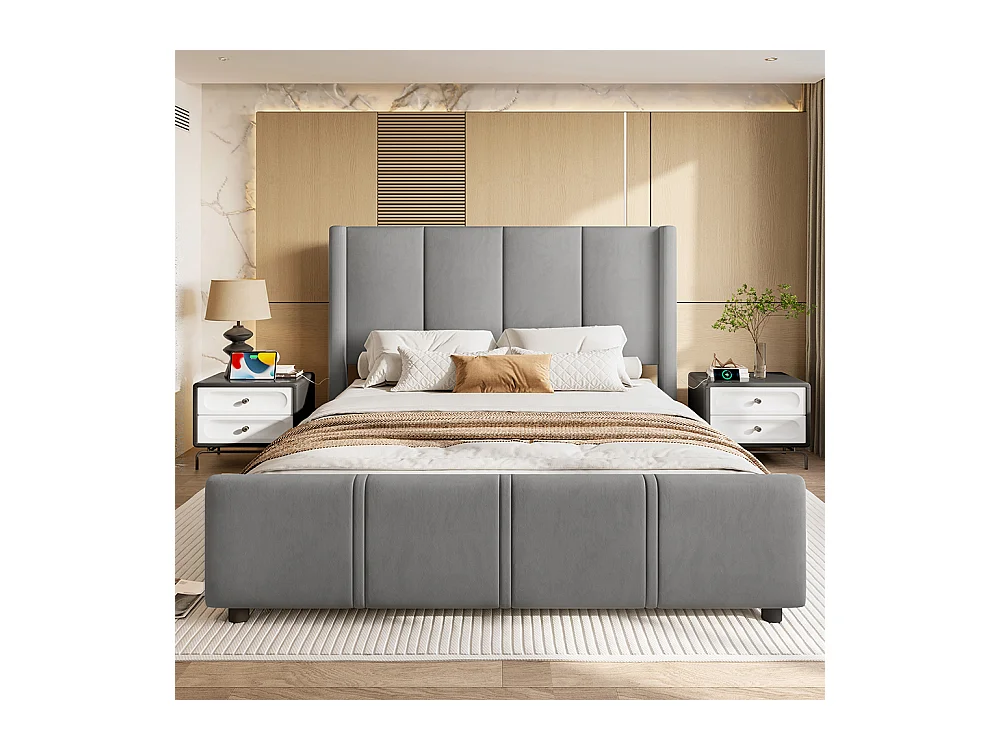 Cadre de lit rembourré 140x200 cm tête et pied de lit hauts port USB fer et bois gris