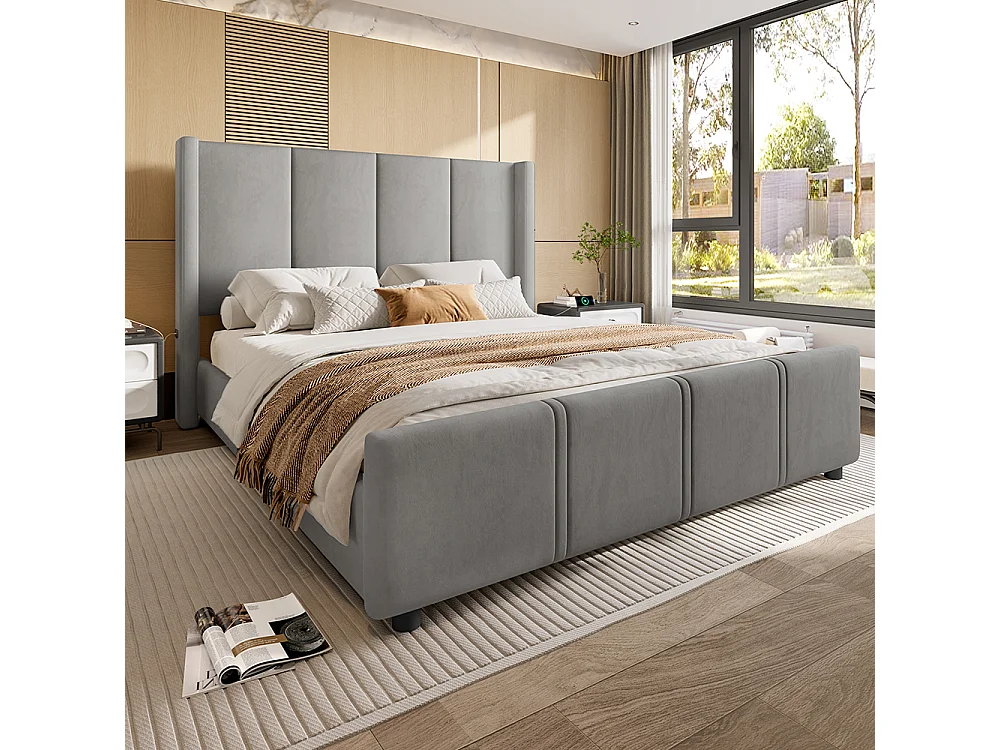 Cadre de lit rembourré 140x200 cm tête et pied de lit hauts port USB fer et bois gris