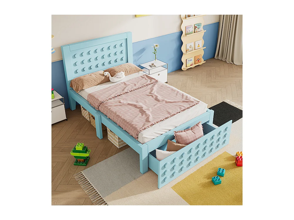 lit avec rangement 90x200 cm lit enfant/ado avec design créatif en blocs cadre en bois massif avec sommier à lattes tiroirs bleu