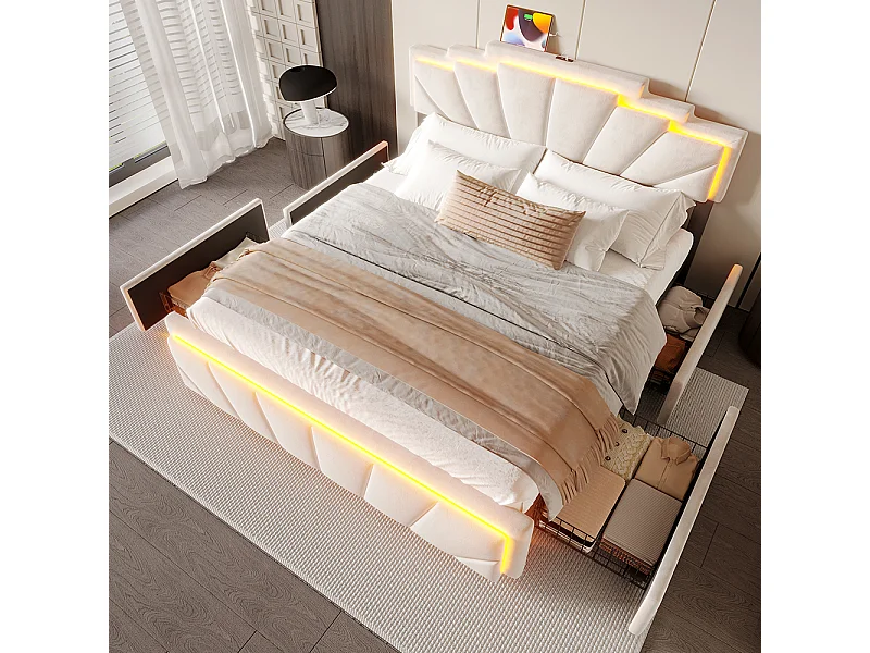 Lit avec rangement 160x200 cm tête de lit trapézoïdale LED intégrée réglable en hauteur avec ports USB-C et 2 tiroirs beige