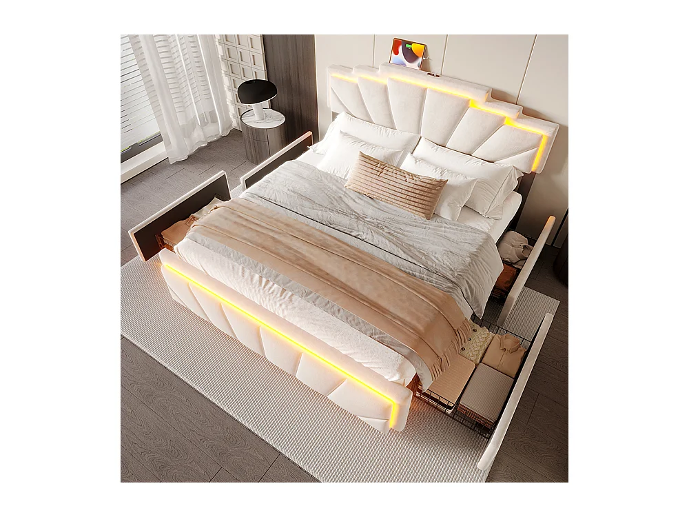 Lit avec rangement 160x200 cm tête de lit trapézoïdale LED intégrée réglable en hauteur avec ports USB-C et 2 tiroirs beige