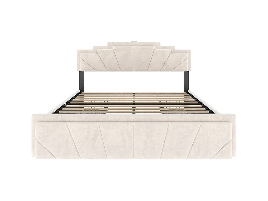 Lit avec rangement 160x200 cm tête de lit trapézoïdale LED intégrée réglable en hauteur avec ports USB-C et 2 tiroirs beige