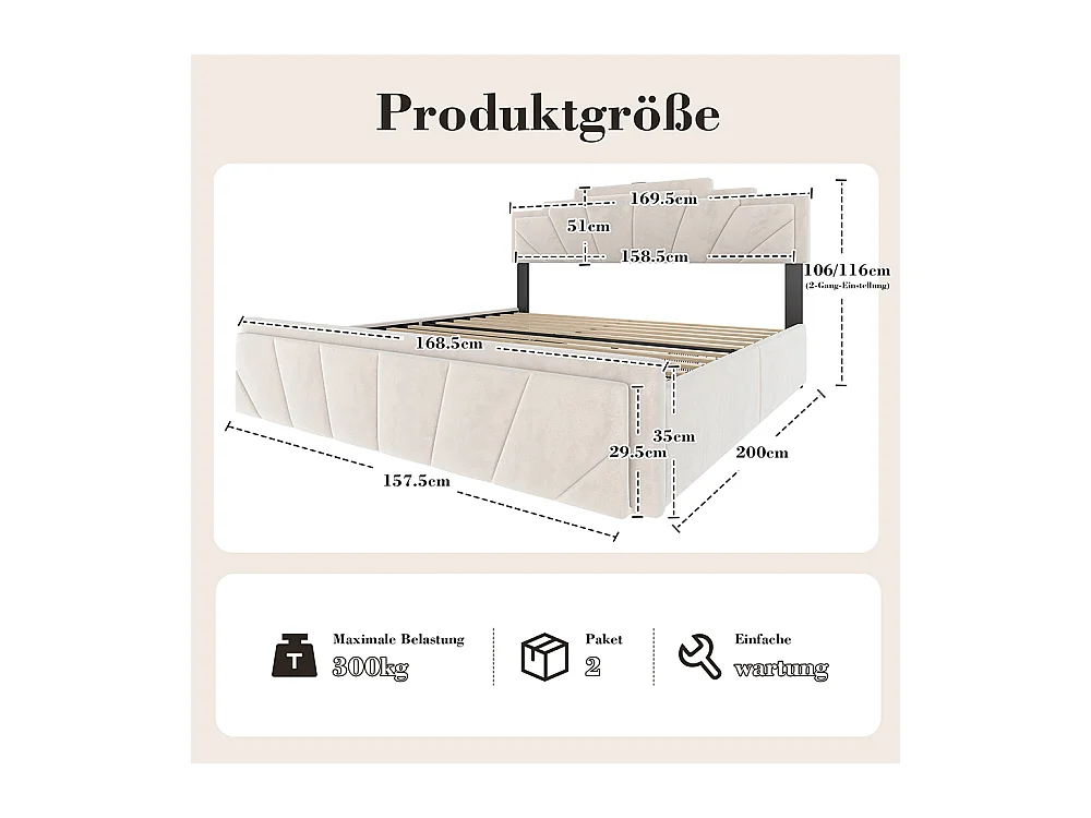 Lit avec rangement 160x200 cm tête de lit trapézoïdale LED intégrée réglable en hauteur avec ports USB-C et 2 tiroirs beige