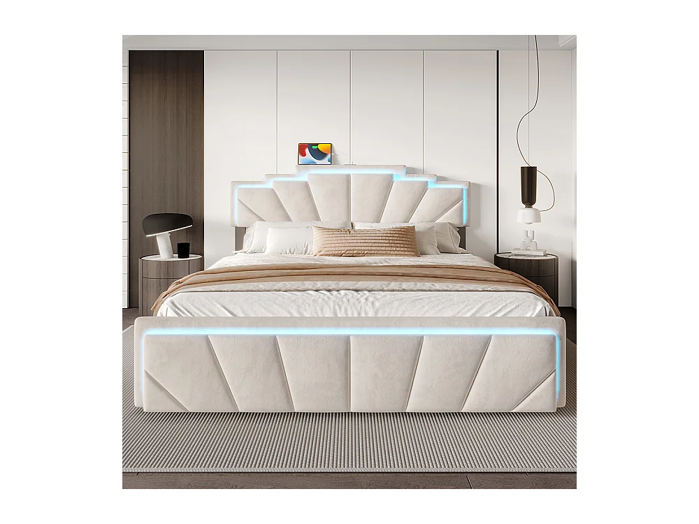 Lit avec rangement 160x200 cm tête de lit trapézoïdale LED intégrée réglable en hauteur avec ports USB-C et 2 tiroirs beige