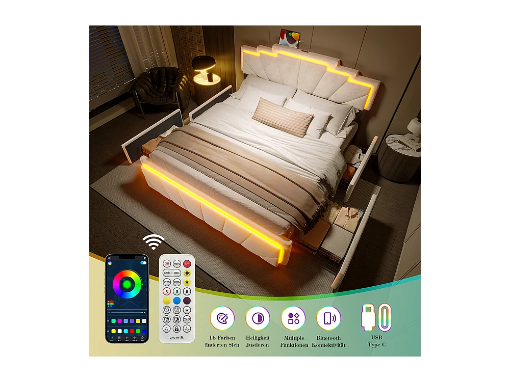 Lit avec rangement 160x200 cm tête de lit trapézoïdale LED intégrée réglable en hauteur avec ports USB-C et 2 tiroirs beige