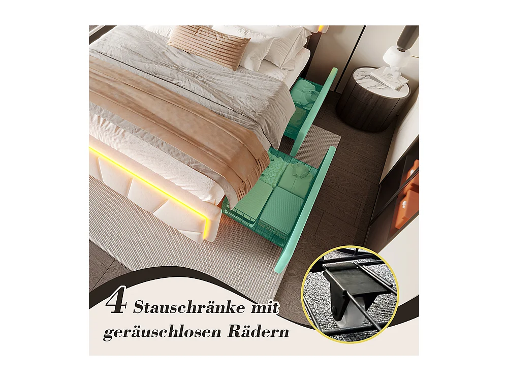 Lit avec rangement 160x200 cm tête de lit trapézoïdale LED intégrée réglable en hauteur avec ports USB-C et 2 tiroirs beige