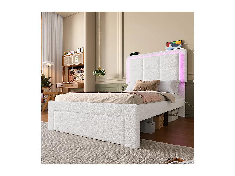 lit avec rangement 90x200 cm avec revêtement en velours Teddy cadre en fer et bois tête de lit réglable éclairage d'ambiance réglable port USB blanc