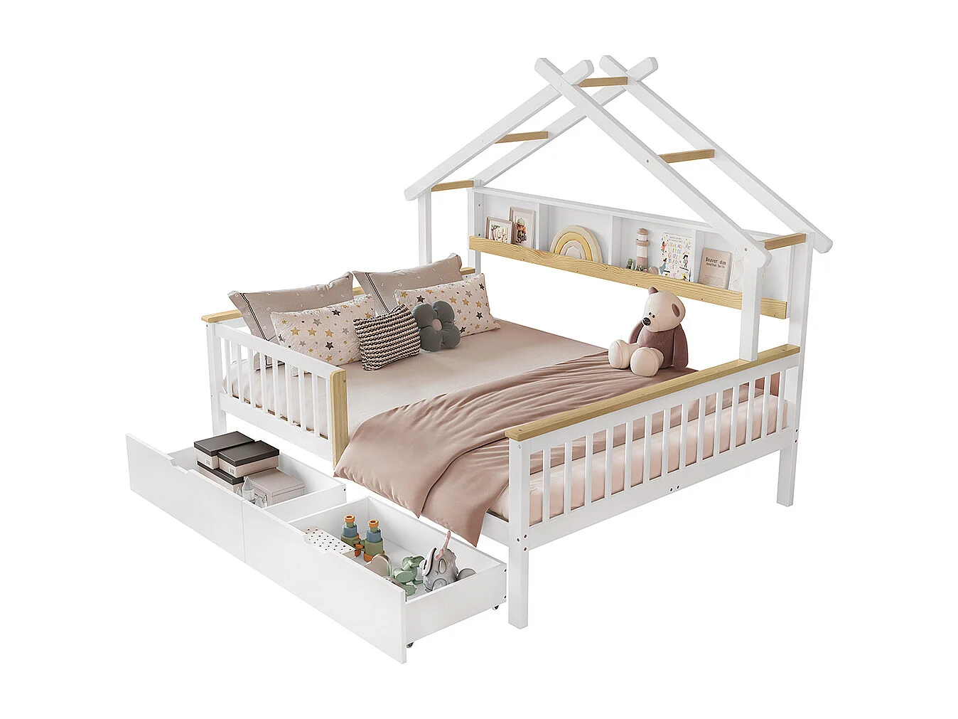 Lit cabane 140x200 cm avec protection anti-chute et barrières design unique du toit étagère de rangement deux tiroirs sur roulettes pin blanc