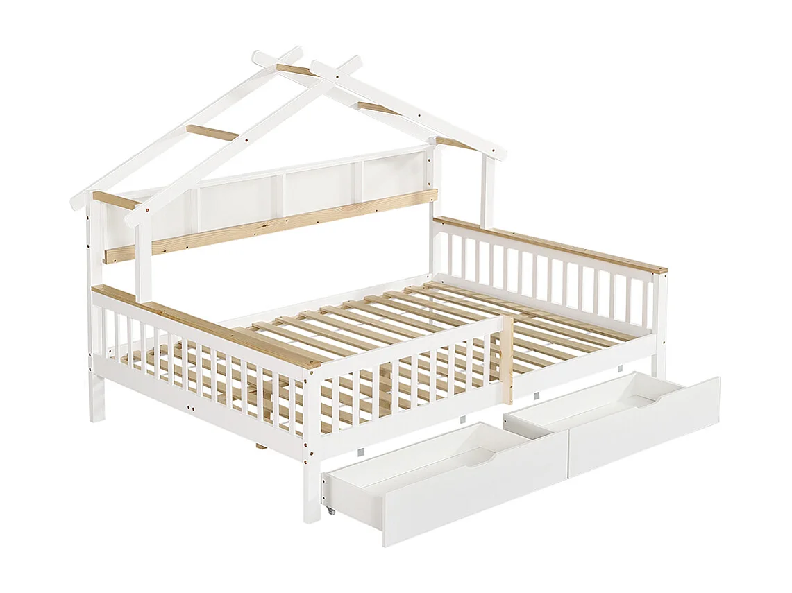Lit cabane 140x200 cm avec protection anti-chute et barrières design unique du toit étagère de rangement deux tiroirs sur roulettes pin blanc
