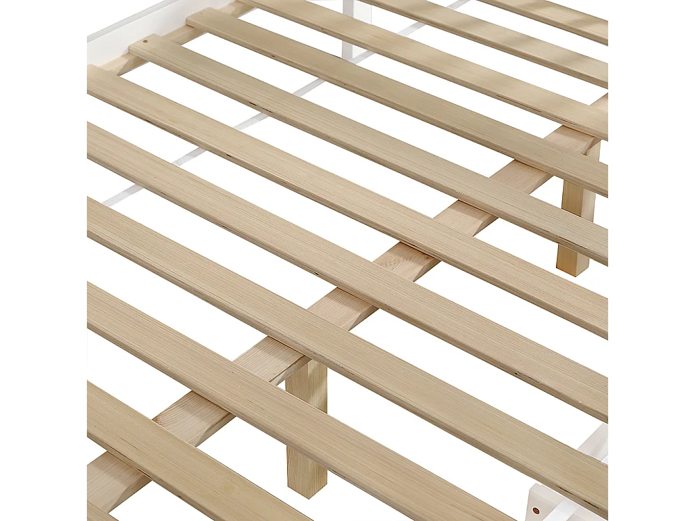 Lit cabane 140x200 cm avec protection anti-chute et barrières design unique du toit étagère de rangement deux tiroirs sur roulettes pin blanc