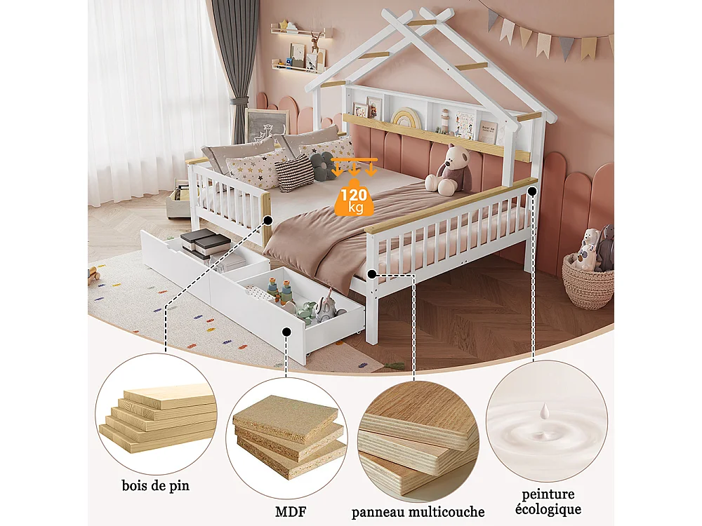 Lit cabane 140x200 cm avec protection anti-chute et barrières design unique du toit étagère de rangement deux tiroirs sur roulettes pin blanc