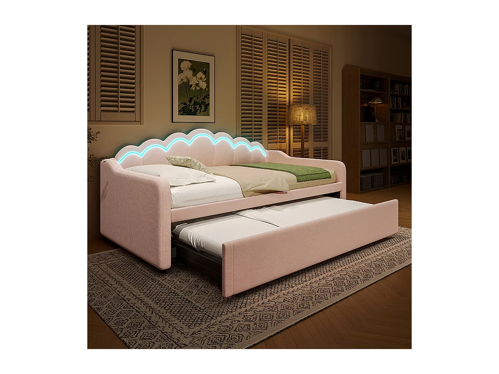 Lit gigogne 90/180x200 cm canapé-lit velours bande LED à couleurs changeantes rose