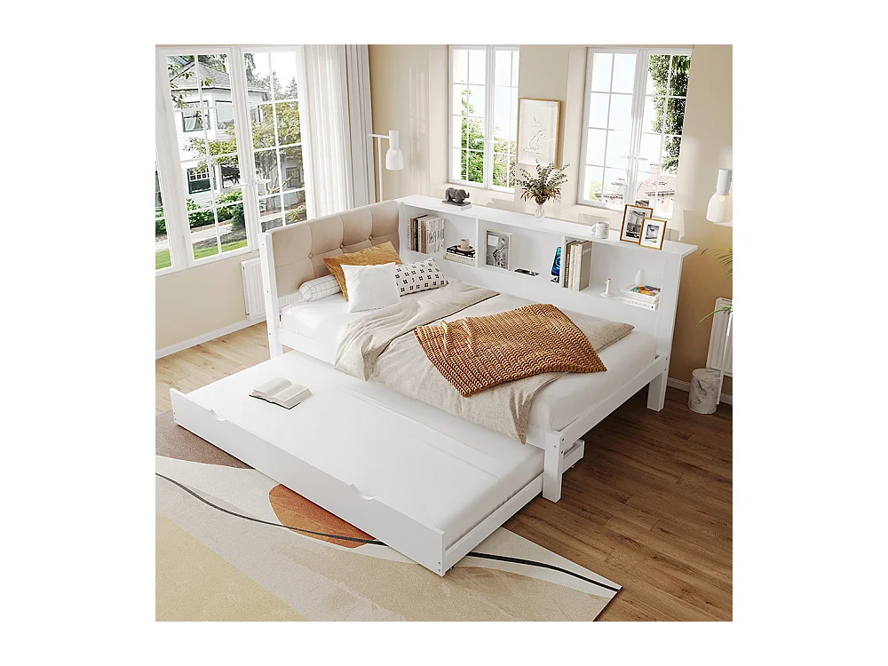 Lit gigogne 90x200 cm canapé-lit avec bande LED à intensité variable avec étagère pratique avec port USB bois de pin blanc