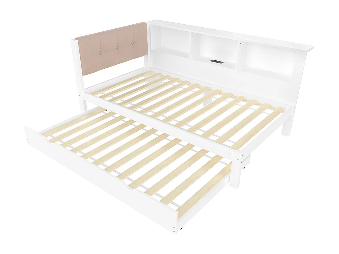 Lit gigogne 90x200 cm canapé-lit avec bande LED à intensité variable avec étagère pratique avec port USB bois de pin blanc