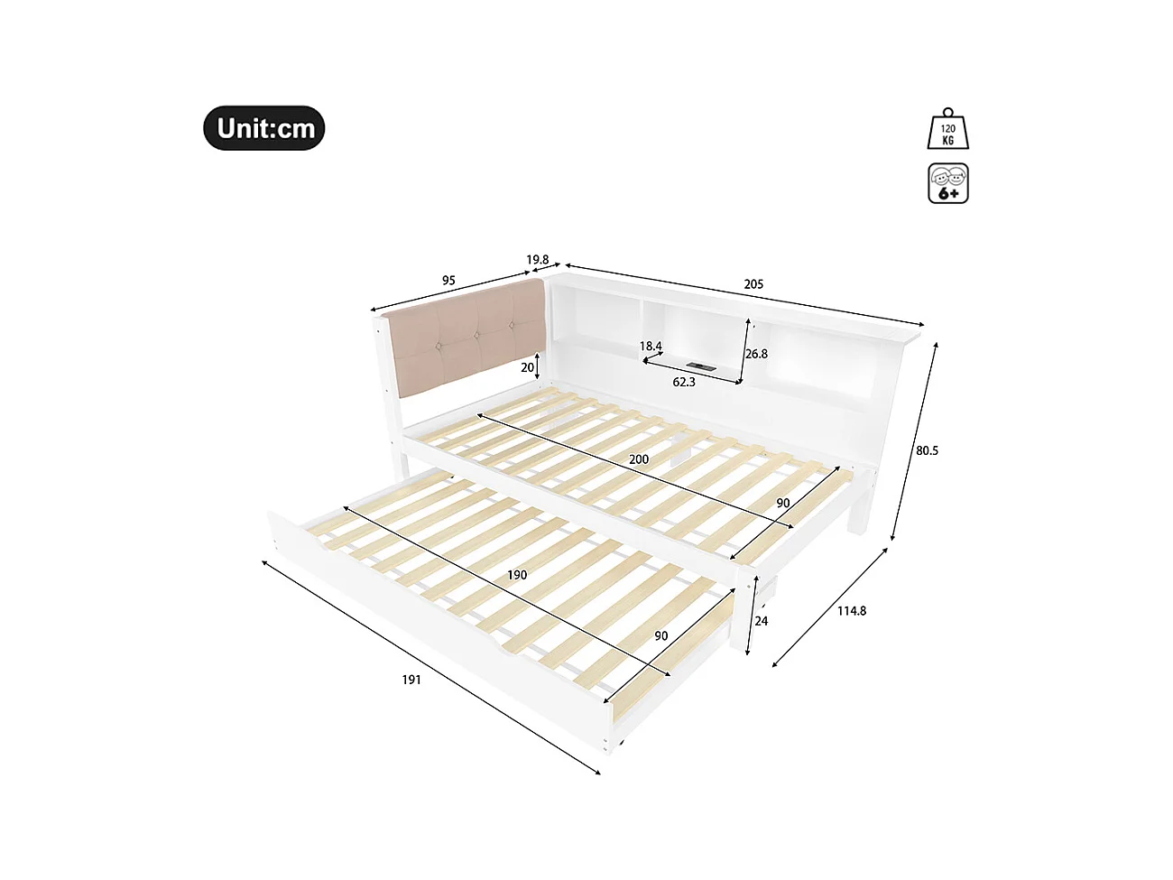 Lit gigogne 90x200 cm canapé-lit avec bande LED à intensité variable avec étagère pratique avec port USB bois de pin blanc