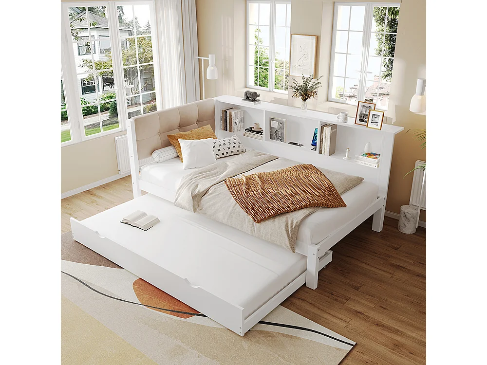 Lit gigogne 90x200 cm canapé-lit avec bande LED à intensité variable avec étagère pratique avec port USB bois de pin blanc