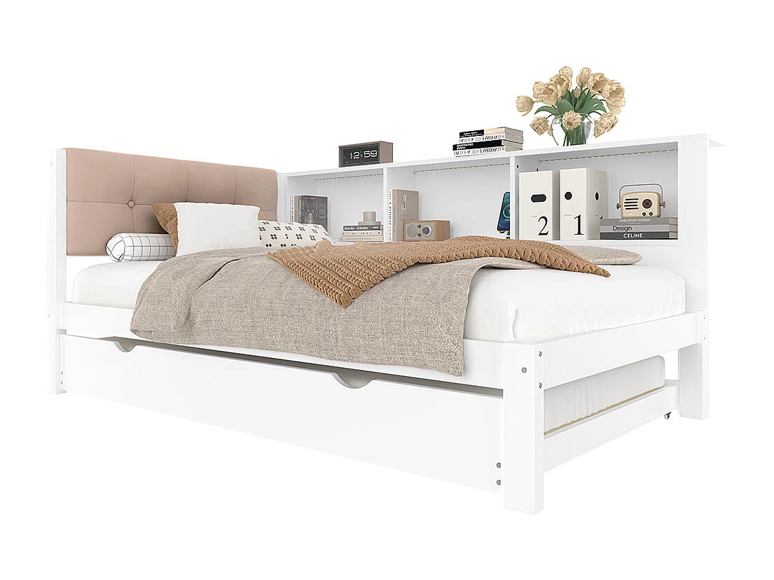 Lit gigogne 90x200 cm canapé-lit avec bande LED à intensité variable avec étagère pratique avec port USB bois de pin blanc