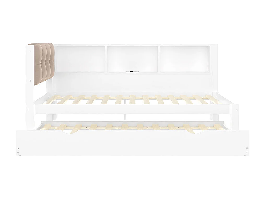 Lit gigogne 90x200 cm canapé-lit avec bande LED à intensité variable avec étagère pratique avec port USB bois de pin blanc