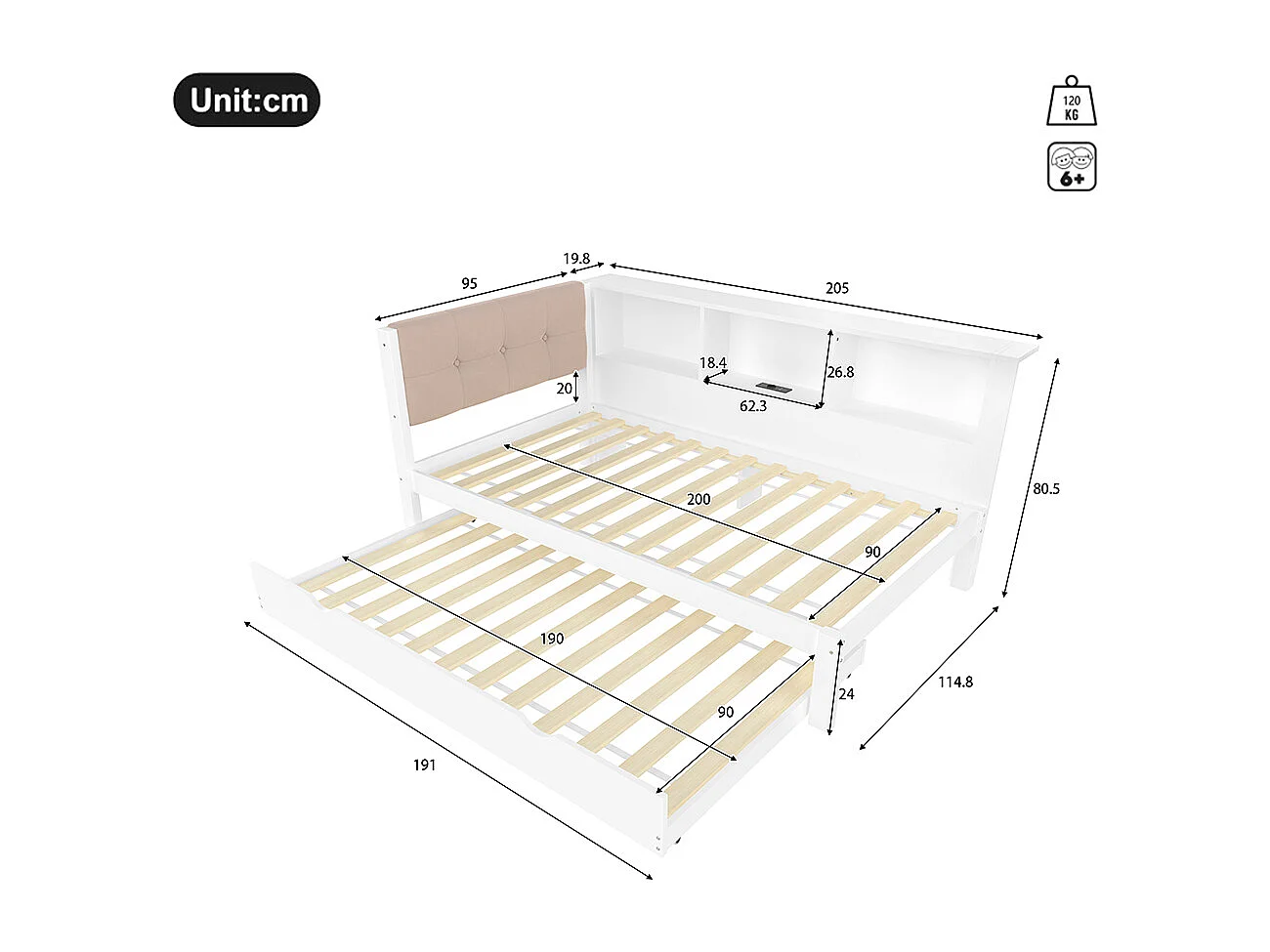 Lit gigogne 90x200 cm canapé-lit avec bande LED à intensité variable avec étagère pratique avec port USB bois de pin blanc