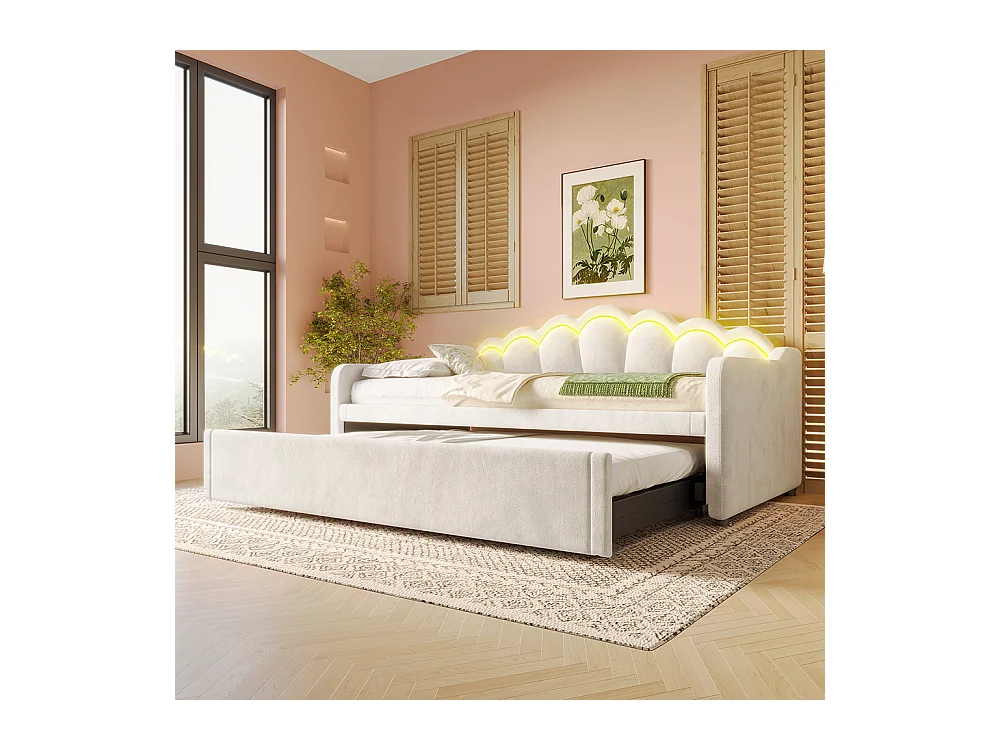 Lit gigogne 90/180x200 cm canapé-lit velours bande LED à couleurs changeantes beige