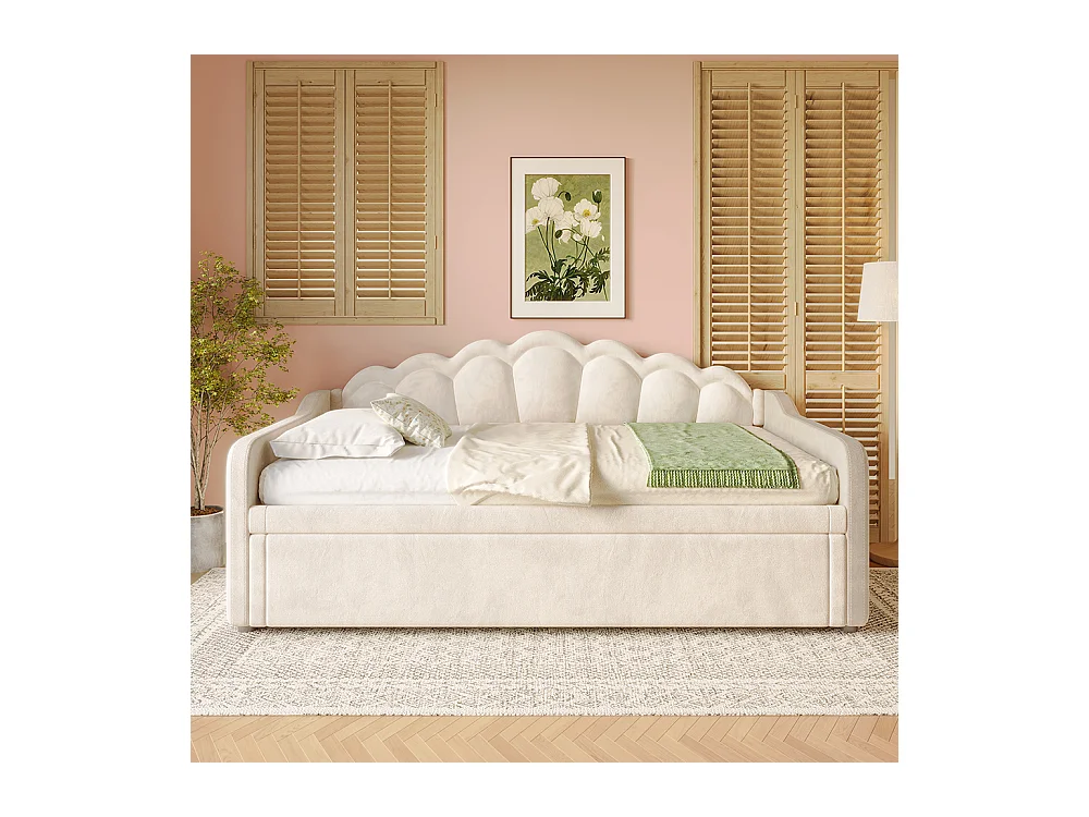 Lit gigogne 90/180x200 cm canapé-lit velours bande LED à couleurs changeantes beige