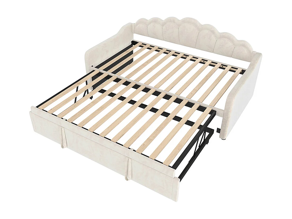 Lit gigogne 90/180x200 cm canapé-lit velours bande LED à couleurs changeantes beige