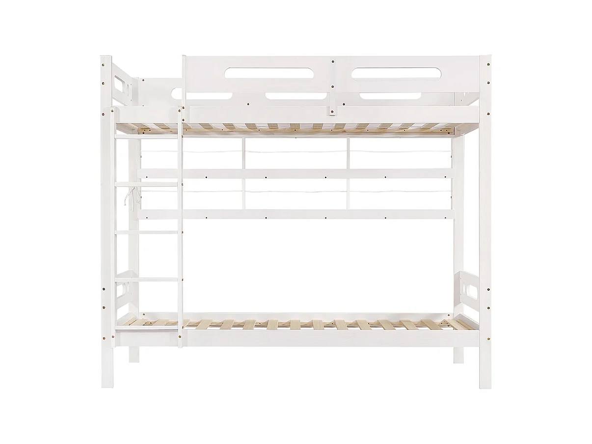 Lit superposé enfant 90x200 cm avec barrière de sécurité étagère ouverte échelle à cinq marches pin+MDF blanc