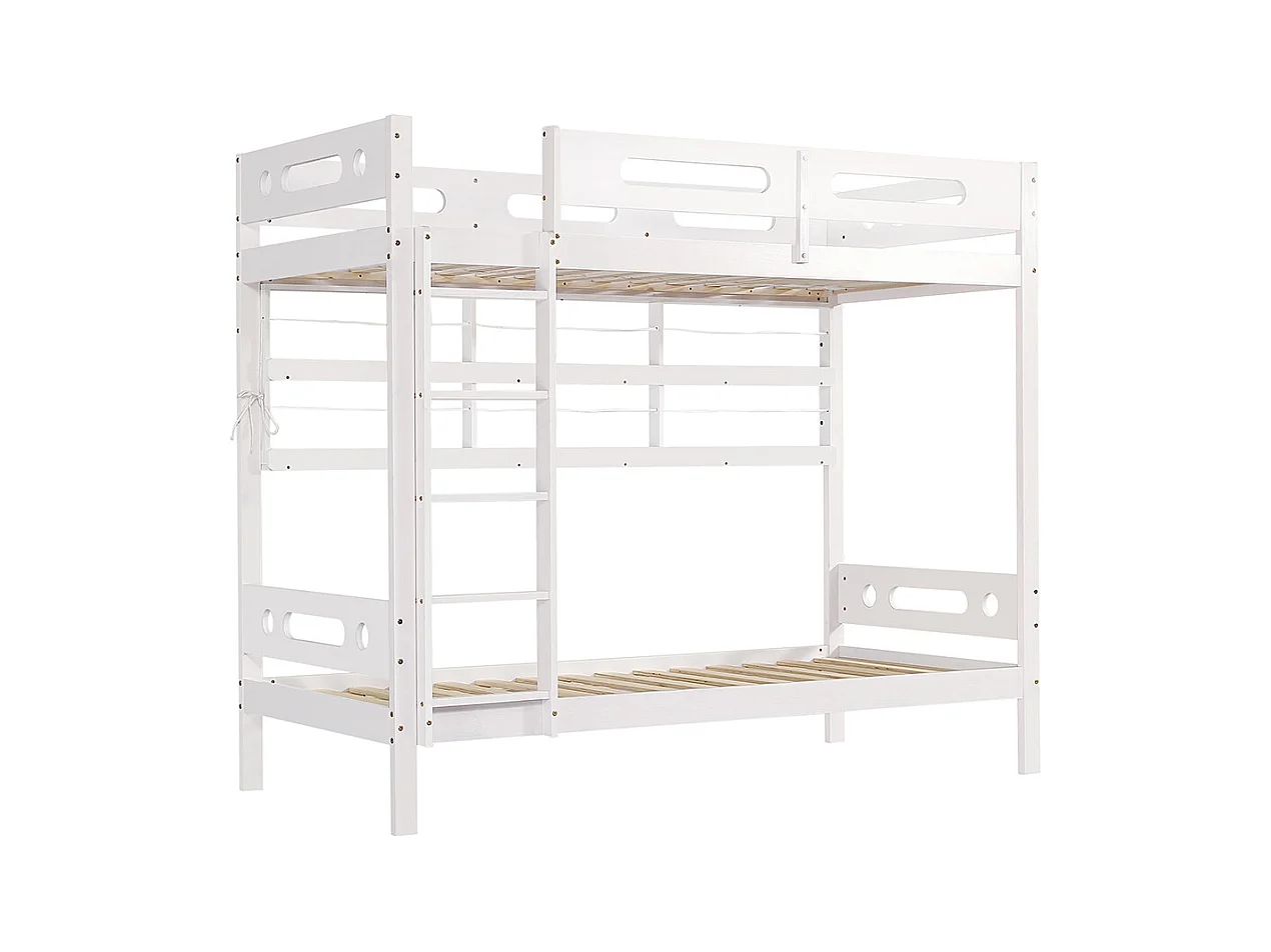 Lit superposé enfant 90x200 cm avec barrière de sécurité étagère ouverte échelle à cinq marches pin+MDF blanc