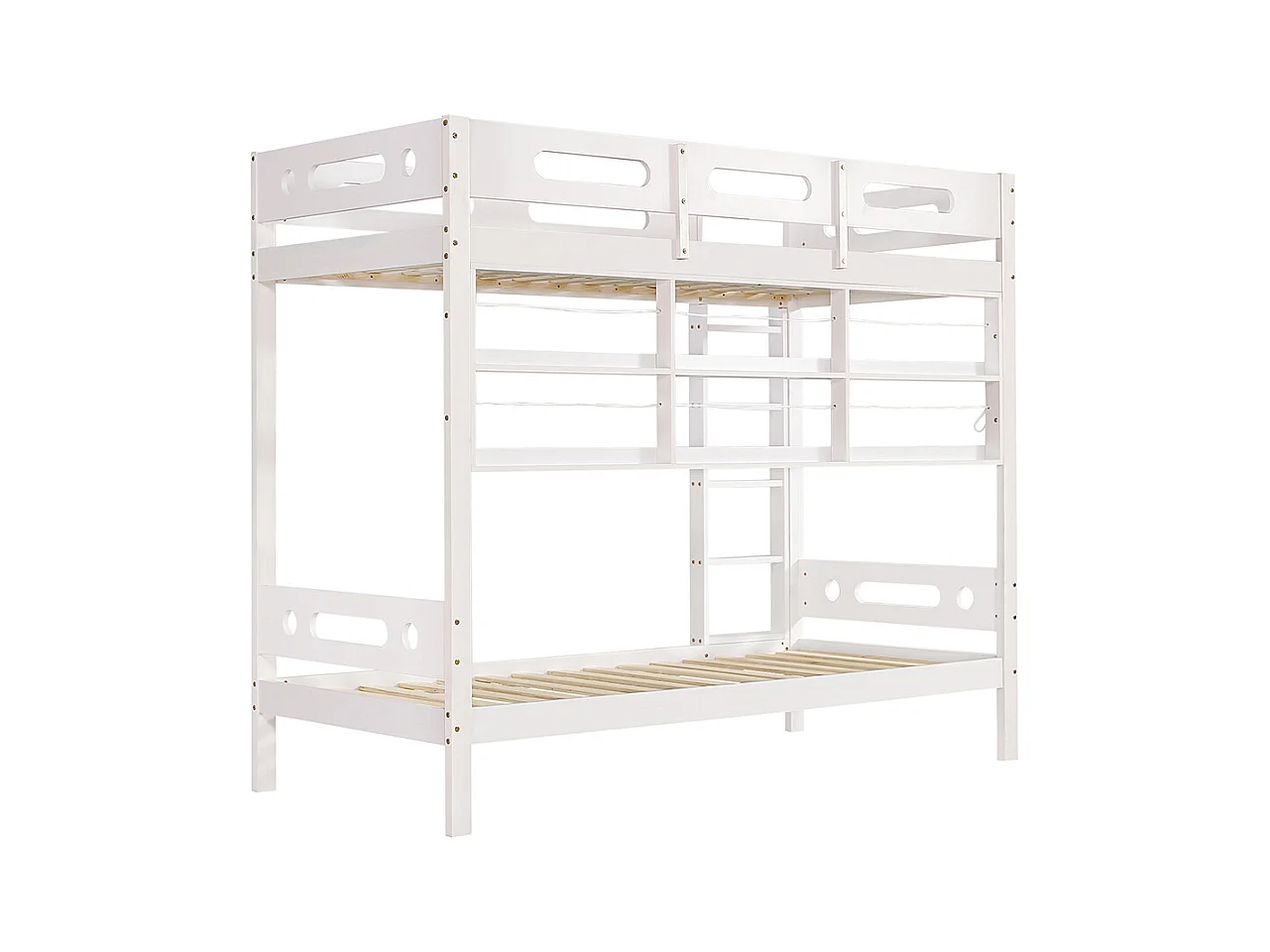 Lit superposé enfant 90x200 cm avec barrière de sécurité étagère ouverte échelle à cinq marches pin+MDF blanc