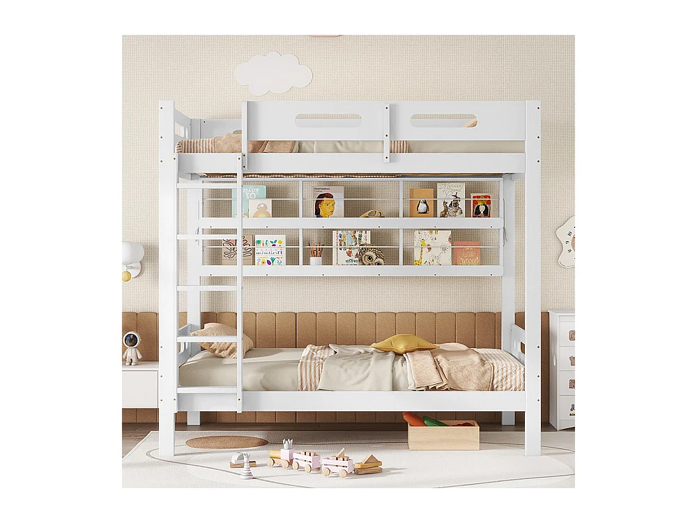 Lit superposé enfant 90x200 cm avec barrière de sécurité étagère ouverte échelle à cinq marches pin+MDF blanc