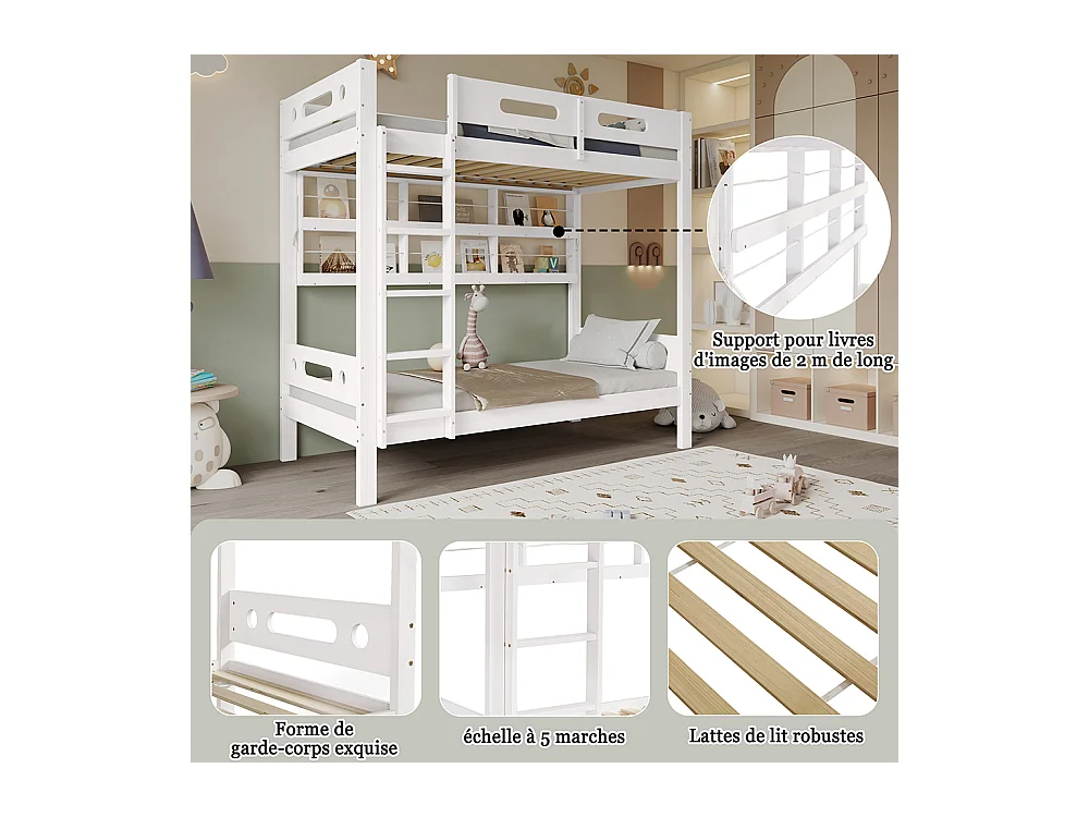 Lit superposé enfant 90x200 cm avec barrière de sécurité étagère ouverte échelle à cinq marches pin+MDF blanc